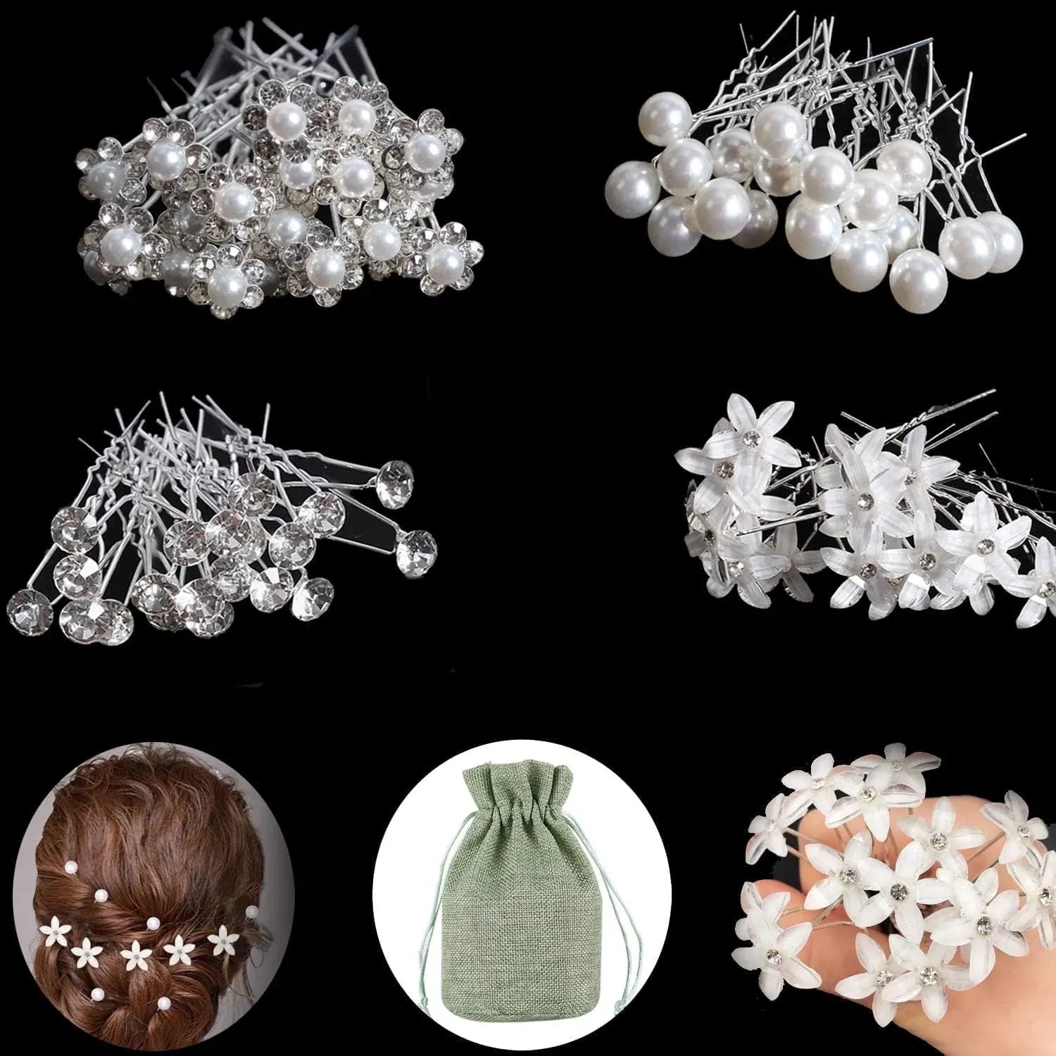 Rhinestone and Pearl Hair Pin Set, 50 Pieces with Bag (3-Pack)